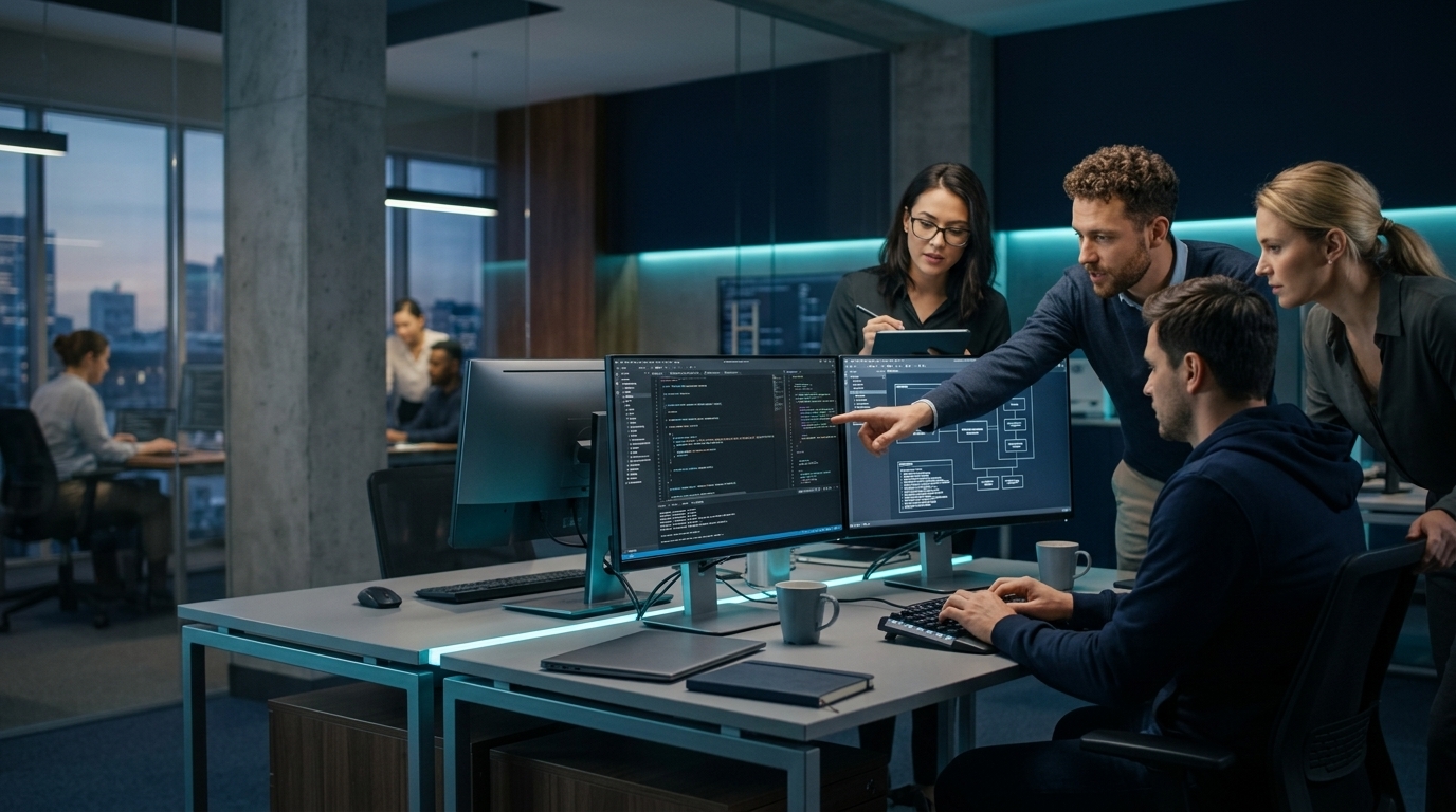 Profesionales de tecnología colaborando en un proyecto empresarial